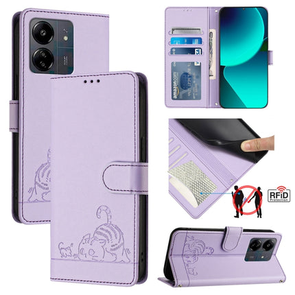 Cat Rat Embossed Pattern RFID Leather Phone Case with Lanyard, For Xiaomi A3 4G Global, For  Xiaomi POCO C61 4G Global, For Xiaomi Redmi 13C 4G Global, For Xiaomi POCO C65 Global