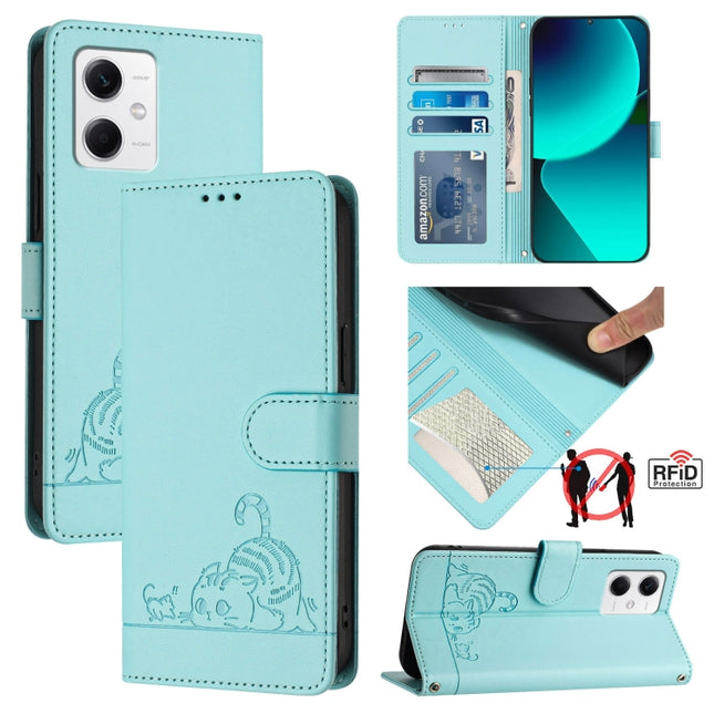 Cat Rat Embossed Pattern RFID Leather Phone Case with Lanyard, For Xiaomi Redmi Note 12 5G Global, For Xiaomi POCO X5, For Xiaomi Redmi Note 12 Turbo 5G, For Xiaomi POCO F5 Pro