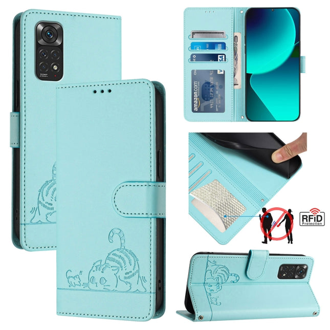 Cat Rat Embossed Pattern RFID Leather Phone Case with Lanyard, For Xiaomi Redmi Note 11 4G Global, For Xiaomi Redmi Note 11S 4G Global, For Xiaomi Redmi Note 12S 4G Global, For Xiaomi Redmi A1+ 4G