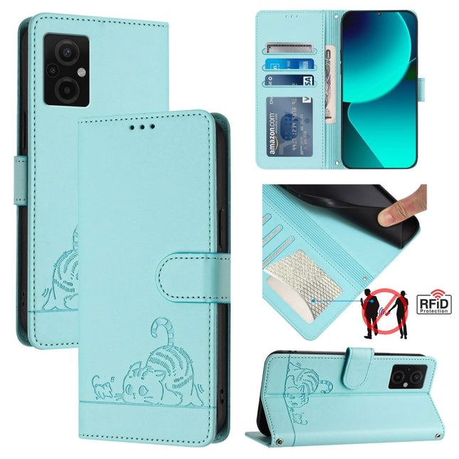 Cat Rat Embossed Pattern RFID Leather Phone Case with Lanyard, For Xiaomi Redmi Note 11E 5G, For Xiaomi POCO M4 5G / POCO M5 4G, For Xiaomi Redmi 11 Prime 5G, For Xiaomi Redmi Note 12 Explorer