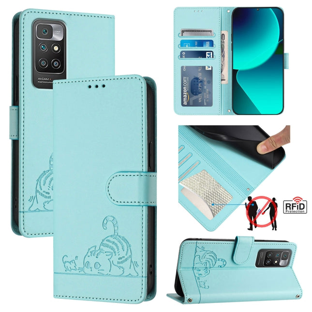 Cat Rat Embossed Pattern RFID Leather Phone Case with Lanyard, For Xiaomi Redmi 10 4G 2021 Global, For Xiaomi Redmi 10 2022 Global, For Xiaomi POCO F3 / 11i, For Xiaomi Redmi Note 10 Lite