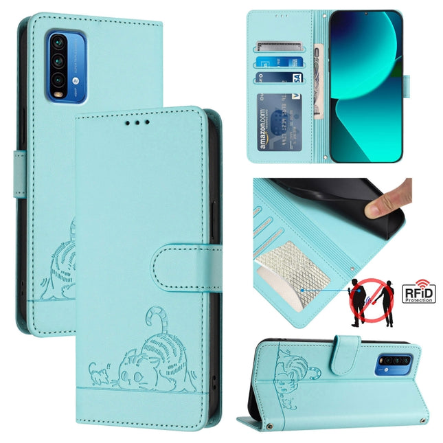 Cat Rat Embossed Pattern RFID Leather Phone Case with Lanyard, For Xiaomi Redmi 9T Global, For Xiaomi POCO M3, For Xiaomi Redmi Note 9T Global, For Xiaomi Redmi Note 9 4G Global