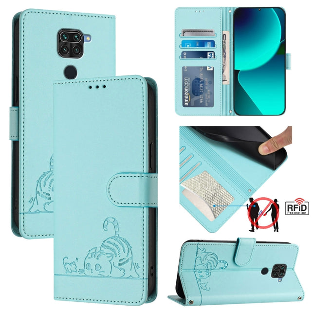 Cat Rat Embossed Pattern RFID Leather Phone Case with Lanyard, For Xiaomi Redmi 10X 4G, For Xiaomi Redmi Note 9S  4G, For Xiaomi Redmi Note 9 Pro Max 4G, For Xiaomi POCO M2 Pro