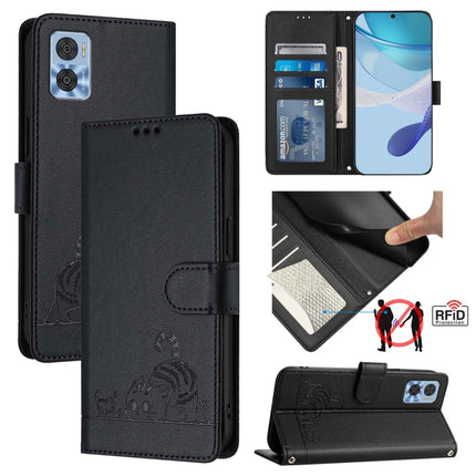 Cat Rat Embossed Pattern RFID Leather Phone Case with Lanyard, For Motorola Moto E22 4G/E22i 4G, For Motorola Edge 30 Fusion, For Motorola Edge 30 Neo, For Motorola Moto E22s 4G Global