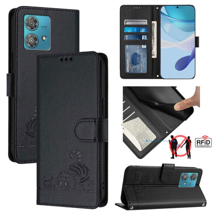 Cat Rat Embossed Pattern RFID Leather Phone Case with Lanyard, For Motorola Moto G54 Brazil Version, For Motorola Moto G54 5G EU Version, For Motorola Edge 40 Neo 5G, For Motorola Moto G14 4G