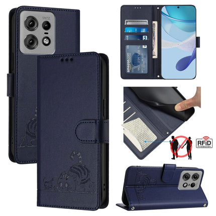 Cat Rat Embossed Pattern RFID Leather Phone Case with Lanyard, For Motorola Edge 50 Pro, For Motorola Edge 50 Fusion, For Motorola Moto G 5G 2024 Global, For Motorola Moto G Stylus 5G 2024