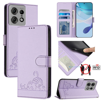 Cat Rat Embossed Pattern RFID Leather Phone Case with Lanyard, For Motorola Edge 50 Pro, For Motorola Edge 50 Fusion, For Motorola Moto G 5G 2024 Global, For Motorola Moto G Stylus 5G 2024