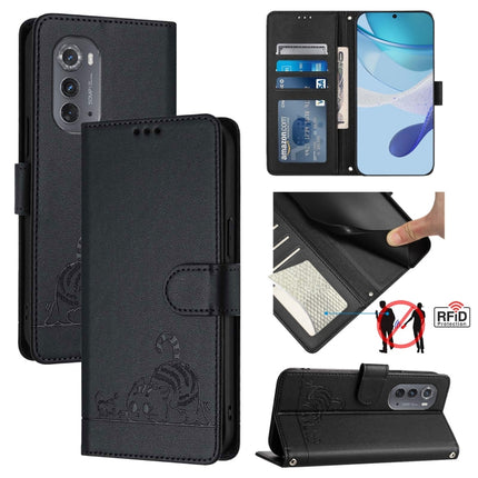Cat Rat Embossed Pattern RFID Leather Phone Case with Lanyard, For Motorola Edge 5G UW 2022, For Motorola Edge 2022, For Motorola Moto G62 5G India, For Motorola Moto X30 Pro 5G