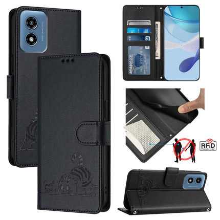 Cat Rat Embossed Pattern RFID Leather Phone Case with Lanyard, For Motorola Moto G24 4G Global, For Motorola Moto G04 4G Global, For Motorola Moto G34 Global, For Motorola Moto G Play 4G 2024 Global