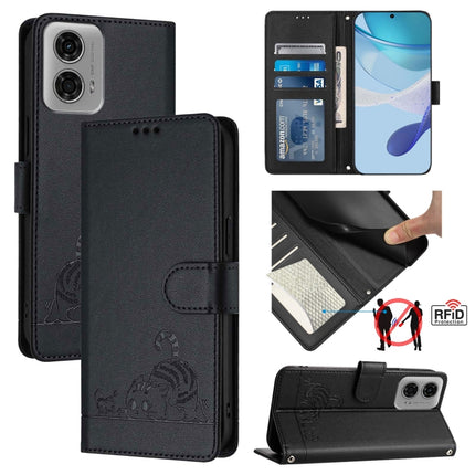 Cat Rat Embossed Pattern RFID Leather Phone Case with Lanyard, For Motorola Moto G24 4G Global, For Motorola Moto G04 4G Global, For Motorola Moto G34 Global, For Motorola Moto G Play 4G 2024 Global