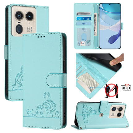 Cat Rat Embossed Pattern RFID Leather Phone Case with Lanyard, For Motorola Moto E14, For Motorola Moto G85, For Motorola Moto G53Y 5G/G53J 5G, For Motorola Edge 50 Ultra