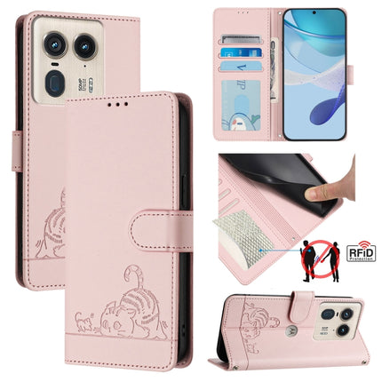 Cat Rat Embossed Pattern RFID Leather Phone Case with Lanyard, For Motorola Moto E14, For Motorola Moto G85, For Motorola Moto G53Y 5G/G53J 5G, For Motorola Edge 50 Ultra