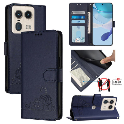 Cat Rat Embossed Pattern RFID Leather Phone Case with Lanyard, For Motorola Moto E14, For Motorola Moto G85, For Motorola Moto G53Y 5G/G53J 5G, For Motorola Edge 50 Ultra