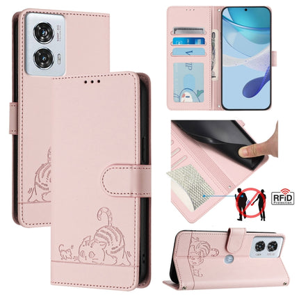 Cat Rat Embossed Pattern RFID Leather Phone Case with Lanyard, For Motorola Edge 50 Pro, For Motorola Edge 50 Fusion, For Motorola Moto G 5G 2024 Global, For Motorola Moto G Stylus 5G 2024