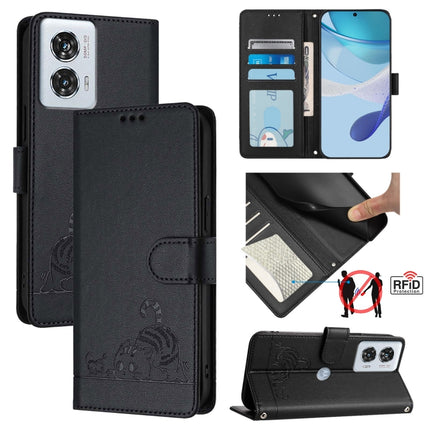 Cat Rat Embossed Pattern RFID Leather Phone Case with Lanyard, For Motorola Edge 50 Pro, For Motorola Edge 50 Fusion, For Motorola Moto G 5G 2024 Global, For Motorola Moto G Stylus 5G 2024
