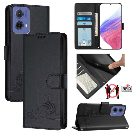 Cat Rat Embossed Pattern RFID Leather Phone Case with Lanyard, For Motorola Moto E14, For Motorola Moto G85, For Motorola Moto G53Y 5G/G53J 5G, For Motorola Edge 50 Ultra