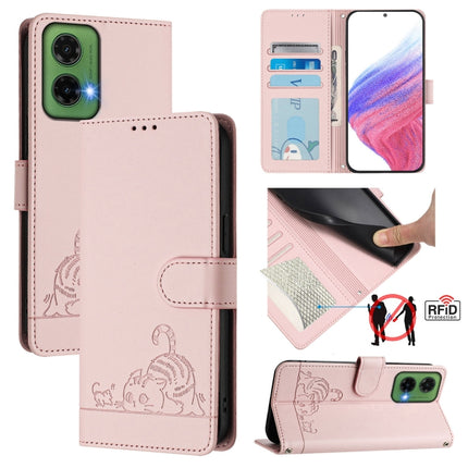 Cat Rat Embossed Pattern RFID Leather Phone Case with Lanyard, For Motorola Moto G05, For Motorola Moto G15, For Motorola Moto G75, For Motorola Moto G35