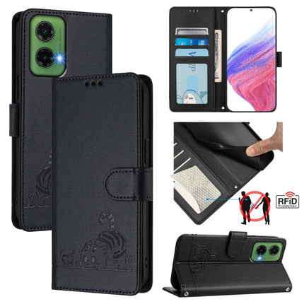 Cat Rat Embossed Pattern RFID Leather Phone Case with Lanyard, For Motorola Moto G05, For Motorola Moto G15, For Motorola Moto G75, For Motorola Moto G35