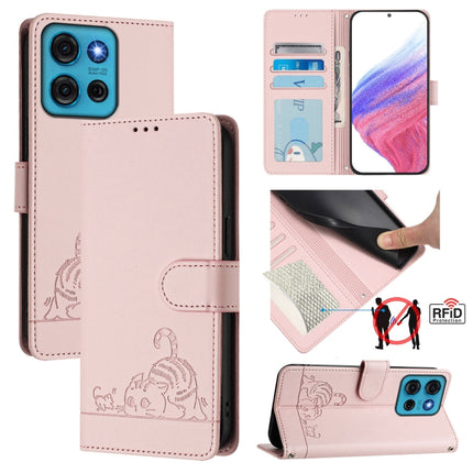 Cat Rat Embossed Pattern RFID Leather Phone Case with Lanyard, For Motorola Moto G05, For Motorola Moto G15, For Motorola Moto G75, For Motorola Moto G35