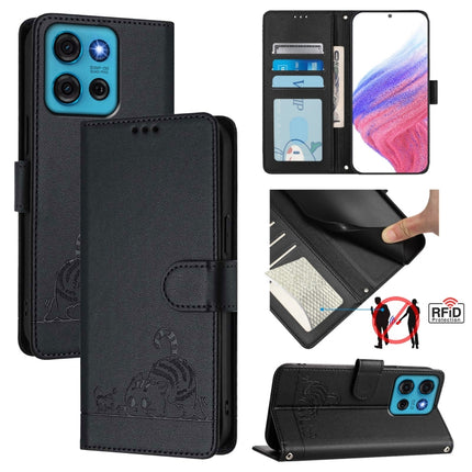 Cat Rat Embossed Pattern RFID Leather Phone Case with Lanyard, For Motorola Moto G05, For Motorola Moto G15, For Motorola Moto G75, For Motorola Moto G35