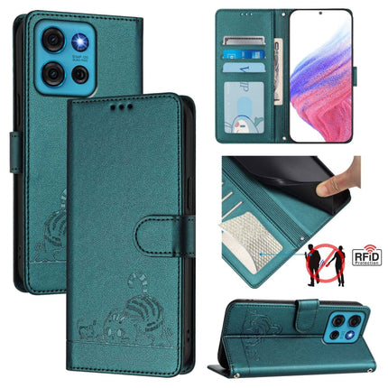 Cat Rat Embossed Pattern RFID Leather Phone Case with Lanyard, For Motorola Moto G05, For Motorola Moto G15, For Motorola Moto G75, For Motorola Moto G35