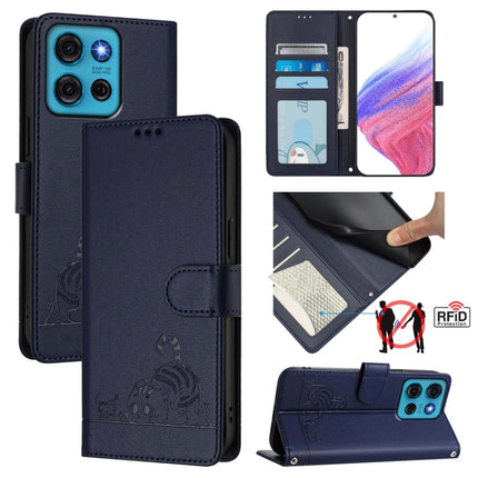 Cat Rat Embossed Pattern RFID Leather Phone Case with Lanyard, For Motorola Moto G05, For Motorola Moto G15, For Motorola Moto G75, For Motorola Moto G35