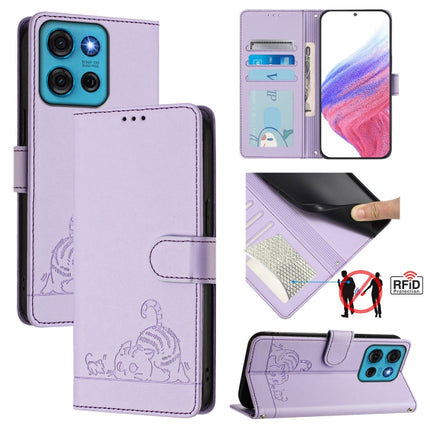 Cat Rat Embossed Pattern RFID Leather Phone Case with Lanyard, For Motorola Moto G05, For Motorola Moto G15, For Motorola Moto G75, For Motorola Moto G35