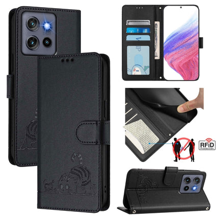 Cat Rat Embossed Pattern RFID Leather Phone Case with Lanyard, For Motorola Moto G55, For Motorola Moto G34 5G / G45 5G, For Motorola Edge 50 5G Global, For Motorola Edge 50 Neo