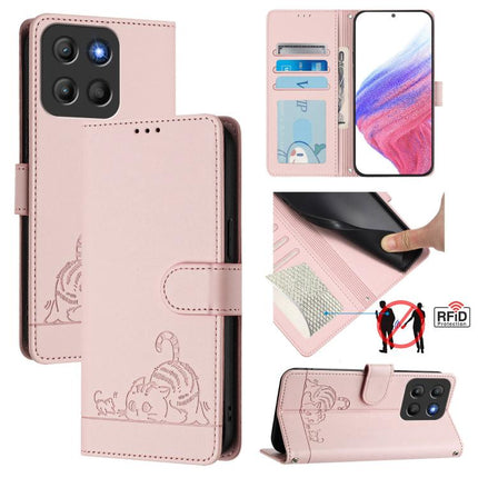 Cat Rat Embossed Pattern RFID Leather Phone Case with Lanyard, For Motorola Moto G05, For Motorola Moto G15, For Motorola Moto G75, For Motorola Moto G35