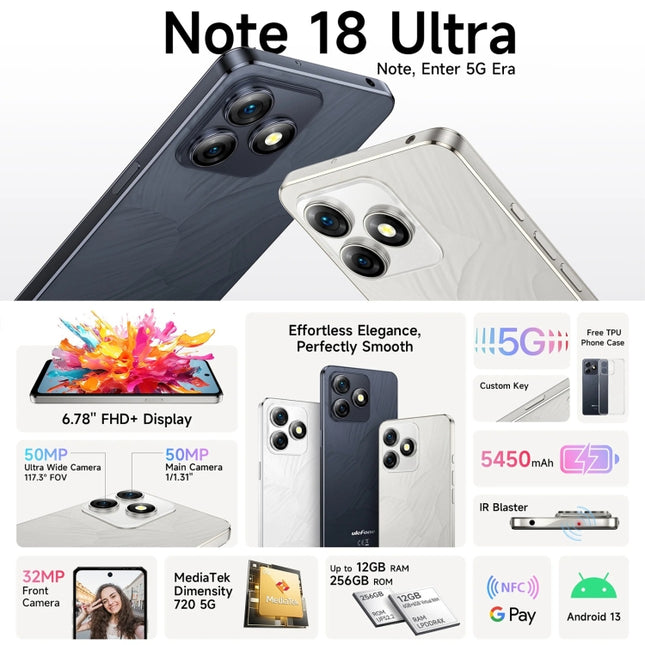Ulefone Note 18 Ultra, huella dactilar lateral, 6,78 pulgadas, Android 13, MediaTek Dimensity 720 5G, MT6853 Octa Core 2,0 GHz, NFC, red: 5G, 6 GB + 256 GB
