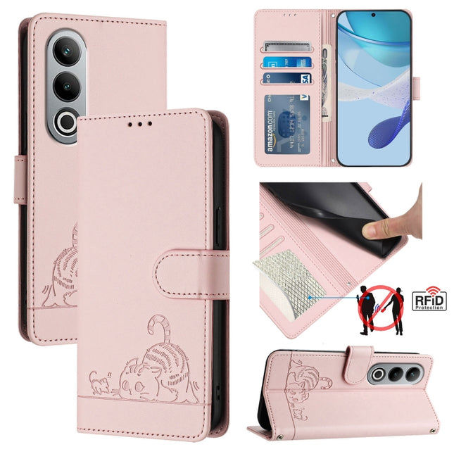Cat Rat Embossed Pattern RFID Leather Phone Case with Lanyard, For OnePlus Nord CE4 5G, For OnePlus Nord N30 SE 5G, For OnePlus 12R 5G Global, For OnePlus 12 5G Global