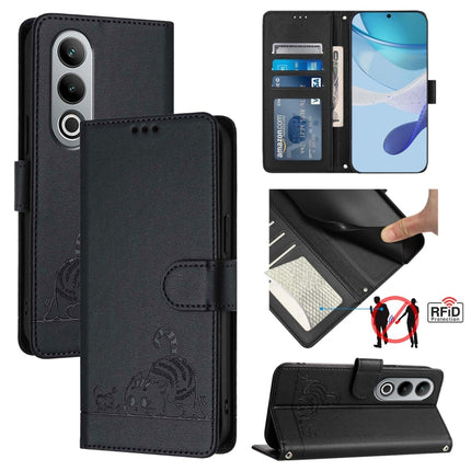 Cat Rat Embossed Pattern RFID Leather Phone Case with Lanyard, For OnePlus Nord CE4 5G, For OnePlus Nord N30 SE 5G, For OnePlus 12R 5G Global, For OnePlus 12 5G Global