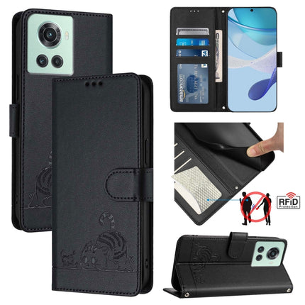 Cat Rat Embossed Pattern RFID Leather Phone Case with Lanyard, For OnePlus 10R / ACE / 10R Prime, For OnePlus Nord CE 2 5G, For OnePlus 10 Pro 5G, For OnePlus Nord N20 5G