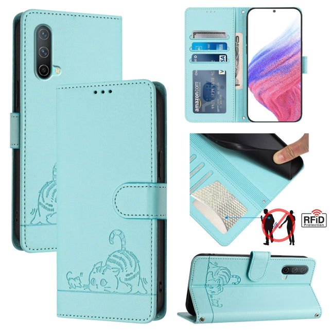Cat Rat Embossed Pattern RFID Leather Phone Case with Lanyard, For OnePlus Nord CE 5G, For OnePlus Nord 2, For OnePlus 9 Pro, For OnePlus 9