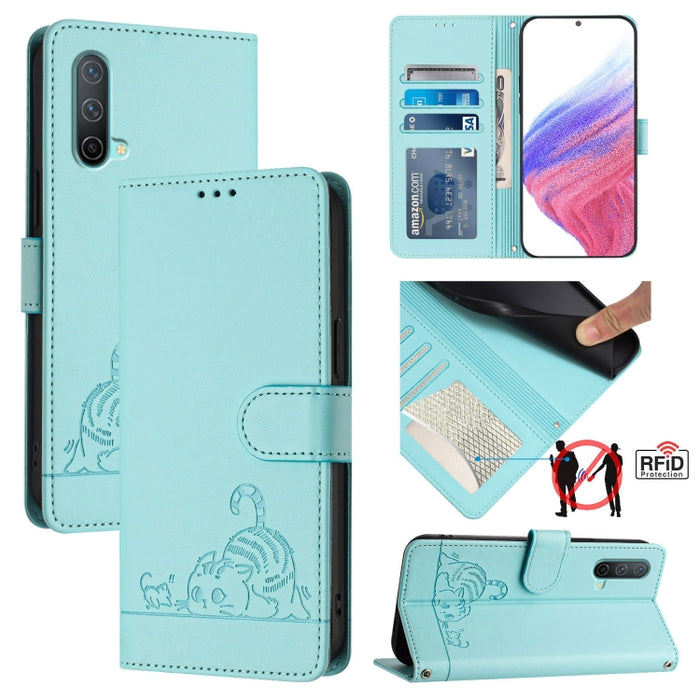 Cat Rat Embossed Pattern RFID Leather Phone Case with Lanyard, For OnePlus Nord CE 5G, For OnePlus Nord 2, For OnePlus 9 Pro, For OnePlus 9
