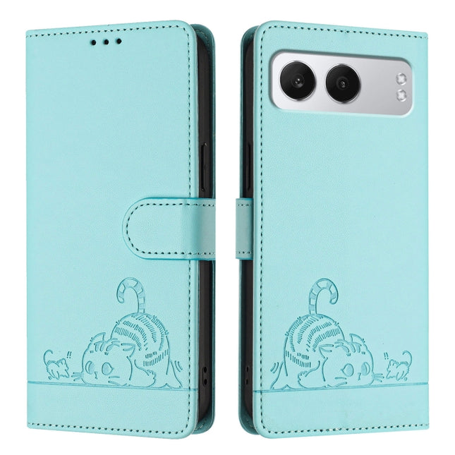 Cat Rat Embossed Pattern RFID Leather Phone Case with Lanyard, For OnePlus Nord 4 5G, For OnePlus Nord 4 5G Global, For OnePlus Nord CE4 Lite, For OnePlus Nord 2 Lite