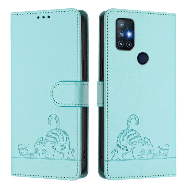 Cat Rat Embossed Pattern RFID Leather Phone Case with Lanyard, For OnePlus Nord N10 5G, For OnePlus 9R / 8T