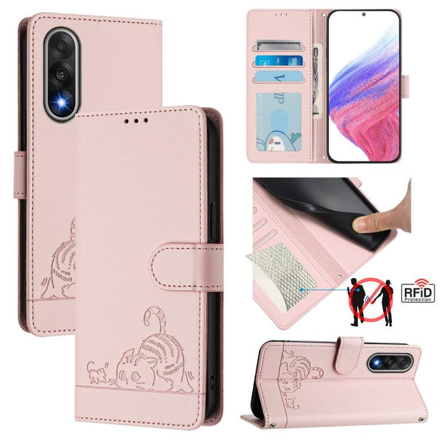 Cat Rat Embossed Pattern RFID Leather Phone Case with Lanyard, For OnePlus Turbo 6X Pro 5G, For OnePlus Turbo 6 / Turbo 6V, For OnePlus Ace 5 Ultra, For OnePlus Ace 5 Racing