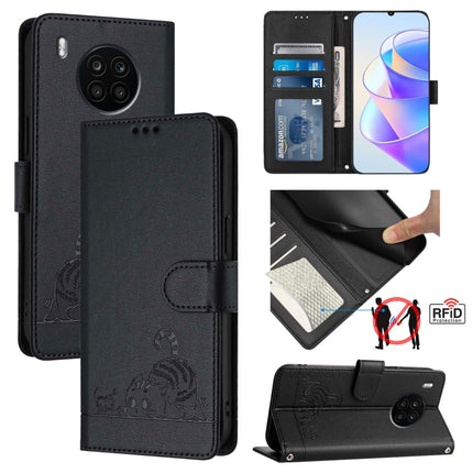 Cat Rat Embossed Pattern RFID Leather Phone Case with Lanyard, For Honor 60 5G, For Honor 50 Lite, For Honor 50 Pro, For Honor 50 SE
