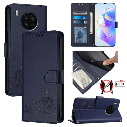 Cat Rat Embossed Pattern RFID Leather Phone Case with Lanyard, For Honor 60 5G, For Honor 50 Lite, For Honor 50 Pro, For Honor 50 SE
