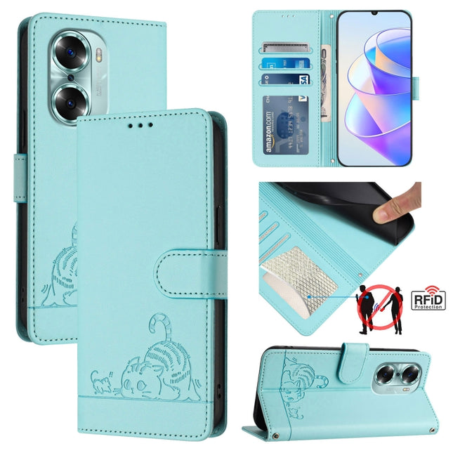 Cat Rat Embossed Pattern RFID Leather Phone Case with Lanyard, For Honor 60 5G, For Honor 50 Lite, For Honor 50 Pro, For Honor 50 SE