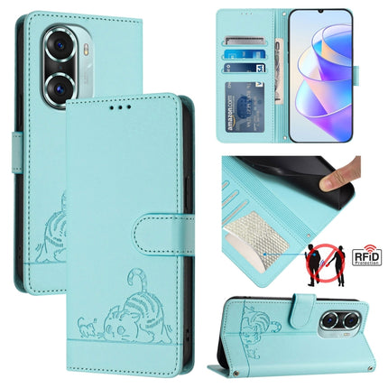 Cat Rat Embossed Pattern RFID Leather Phone Case with Lanyard, For Honor Play6T Pro 5G, For Honor X8 4G/X30i 5G, For Honor 60 SE 5G, For Honor 60 Pro 5G