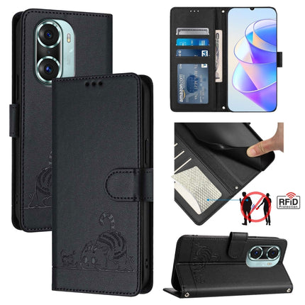 Cat Rat Embossed Pattern RFID Leather Phone Case with Lanyard, For Honor Play6T Pro 5G, For Honor X8 4G/X30i 5G, For Honor 60 SE 5G, For Honor 60 Pro 5G