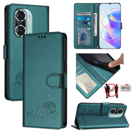 Cat Rat Embossed Pattern RFID Leather Phone Case with Lanyard, For Honor Play6T Pro 5G, For Honor X8 4G/X30i 5G, For Honor 60 SE 5G, For Honor 60 Pro 5G