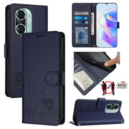 Cat Rat Embossed Pattern RFID Leather Phone Case with Lanyard, For Honor Play6T Pro 5G, For Honor X8 4G/X30i 5G, For Honor 60 SE 5G, For Honor 60 Pro 5G