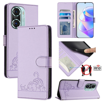 Cat Rat Embossed Pattern RFID Leather Phone Case with Lanyard, For Honor Play6T Pro 5G, For Honor X8 4G/X30i 5G, For Honor 60 SE 5G, For Honor 60 Pro 5G