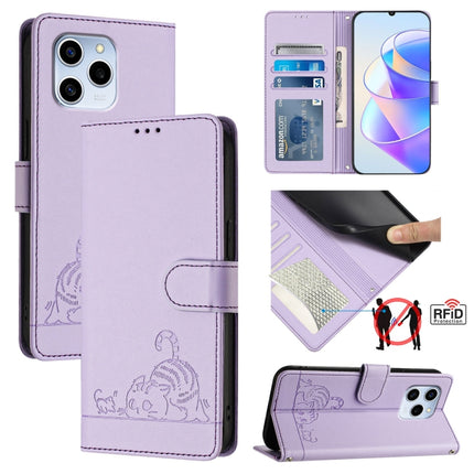 Cat Rat Embossed Pattern RFID Leather Phone Case with Lanyard, For Honor Play6T Pro 5G, For Honor X8 4G/X30i 5G, For Honor 60 SE 5G, For Honor 60 Pro 5G