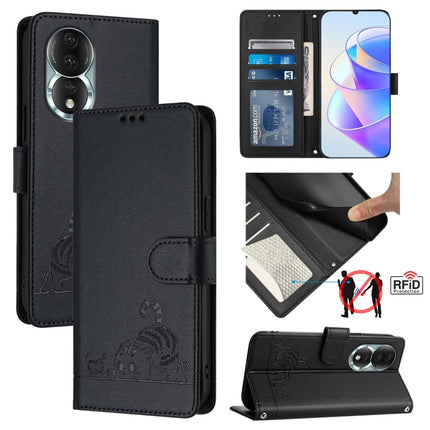 Cat Rat Embossed Pattern RFID Leather Phone Case with Lanyard, For Honor X40 5G/X9a 5G/Magic5 Lite, For Honor 80 GT 5G, For Honor 80 5G, For Honor X8 5G Global/X6 4G Global