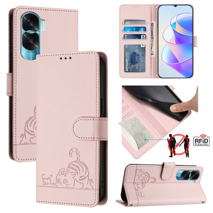 Cat Rat Embossed Pattern RFID Leather Phone Case with Lanyard, For Honor X6a 4G, For Honor 70 Lite 5G Global/X6s 4G Global, For Honor 90 Lite 5G/X50i 5G, For Honor 90 Pro 5G