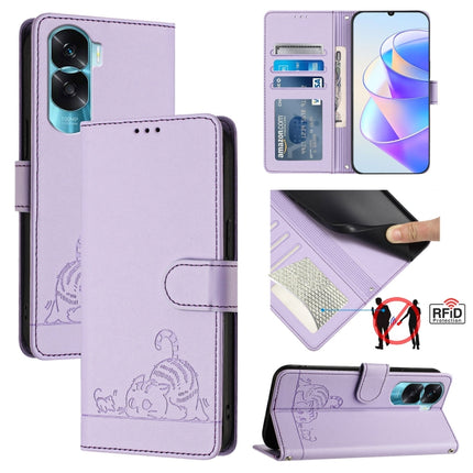 Cat Rat Embossed Pattern RFID Leather Phone Case with Lanyard, For Honor X6a 4G, For Honor 70 Lite 5G Global/X6s 4G Global, For Honor 90 Lite 5G/X50i 5G, For Honor 90 Pro 5G